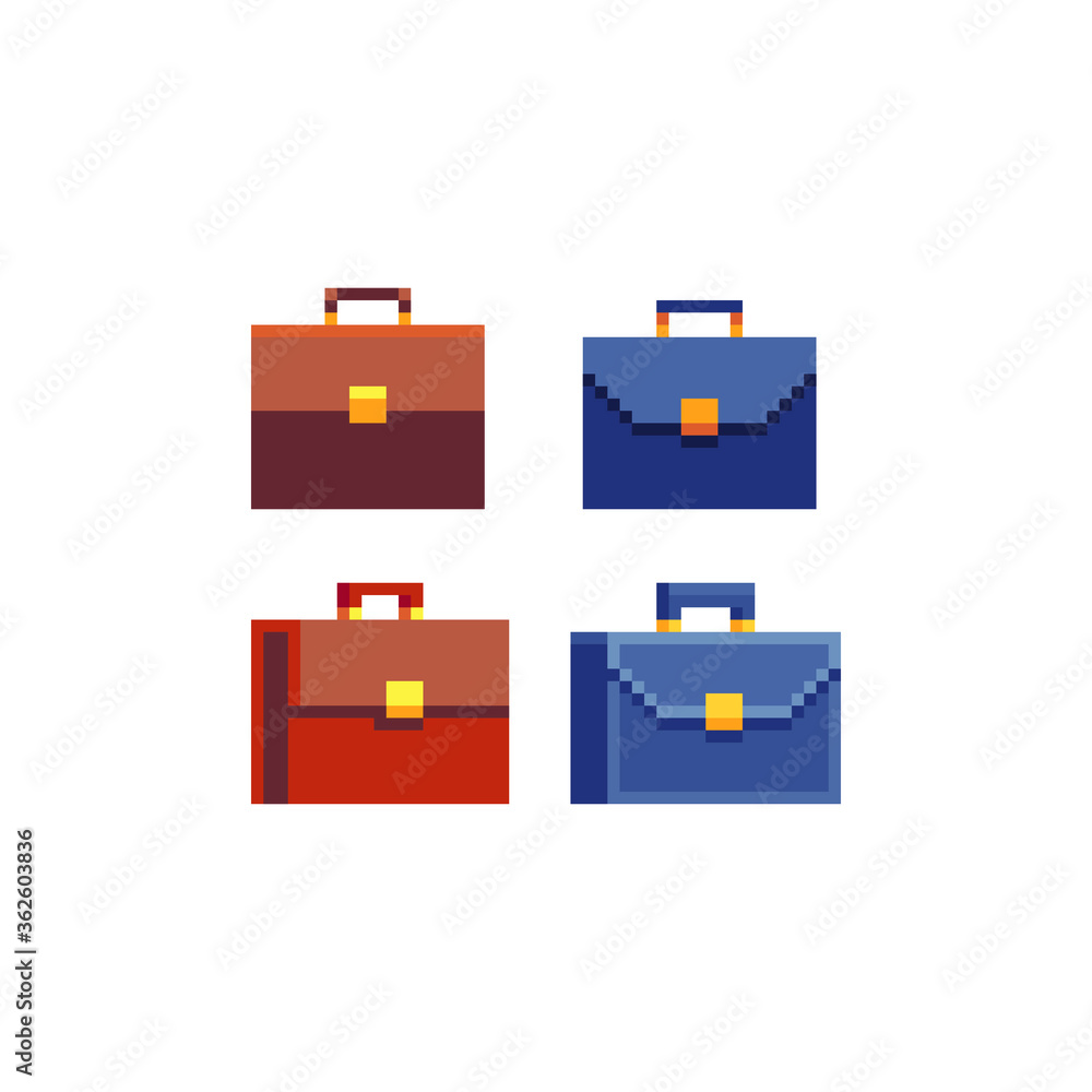Suitcases set. Business Briefcase pixel art icons. Isolated vector illustration. Retro video game sprite. Suitcases set. Business Briefcase pixel art icons. Isolated vector illustration. Retro video game sprite.