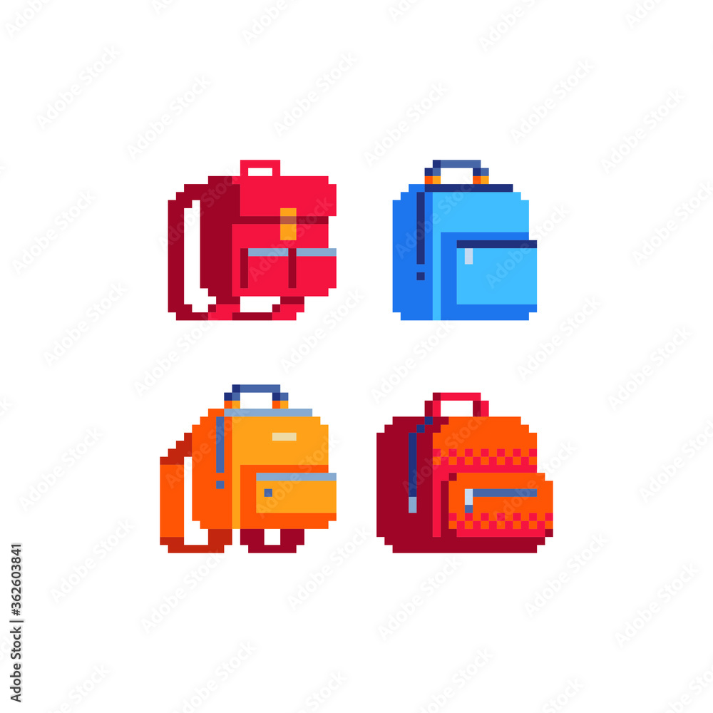 backpacks pixel art icons set. Flat style. 8-bit. Isolated vector  illustration. Design for stickers, logo, embroidery, mobile app. Stock  Vector