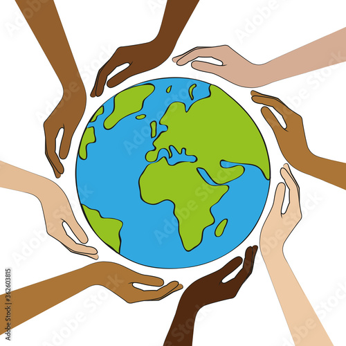 planet earth in the middle of human hands with different skin colors vector illustration EPS10