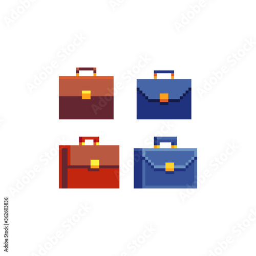 Suitcases set. Business Briefcase pixel art icons. Isolated vector illustration. Retro video game sprite. 