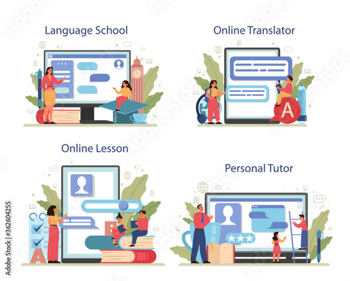 English class online service or platform set. Study foreign languages
