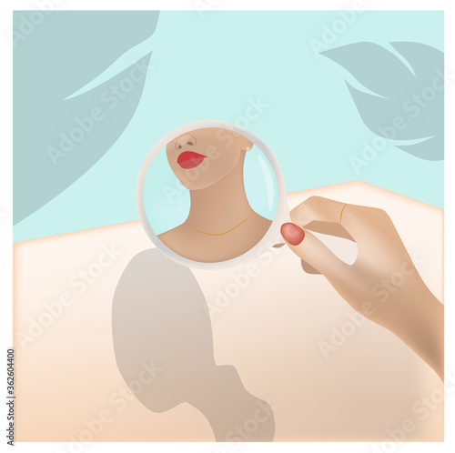 Young woman looking at herself in a round mirror. Palm leaf and turquoise col...