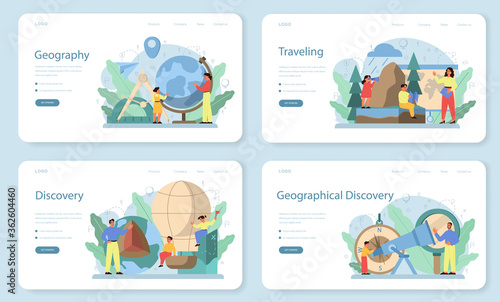 Geography class web banner or landing page set. Global science