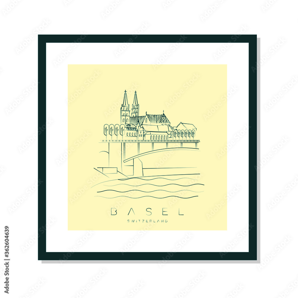 Basel, rhine river, bridge and the old town poster, urban vector illustration and typography design, Switzerland