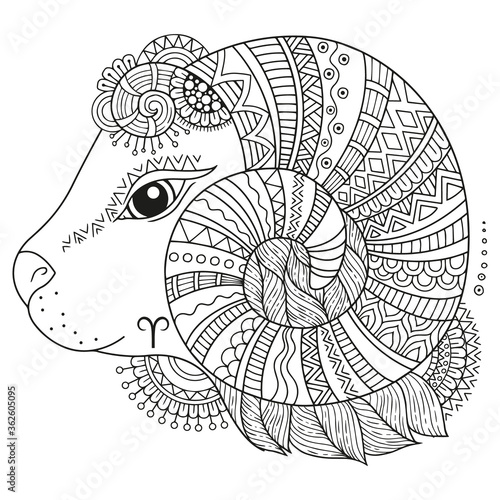 Vector coloring book for adults. Silhouette of sheep isolated on white background. Zodiac sign aries. Sheep.