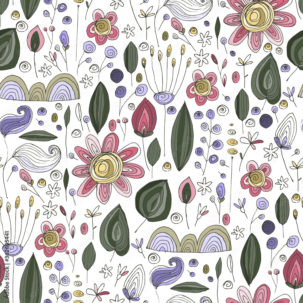 Floral doodle seamless vector pattern. Wild flower summer hand drawn background with trendy nature abstract sketch illustration with saving real texture.