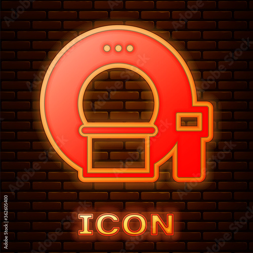 Glowing neon Tomography icon isolated on brick wall background. Medical scanner, radiation. Diagnosis, radiology, magnetic resonance therapy. Vector Illustration.