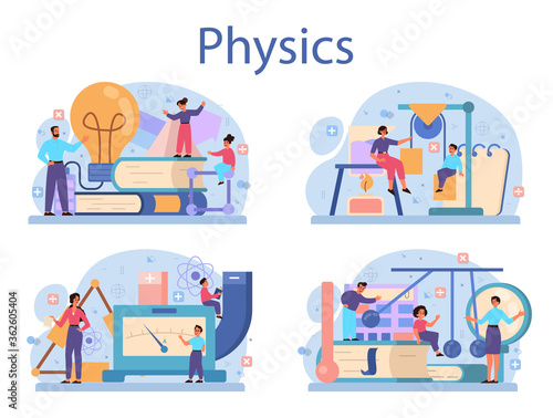 Physics school subject concept set. Scientist explore electricity,