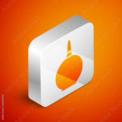 Isometric Enema icon isolated on orange background. Enema with a plastic tip. Medical pear. Silver square button. Vector Illustration.