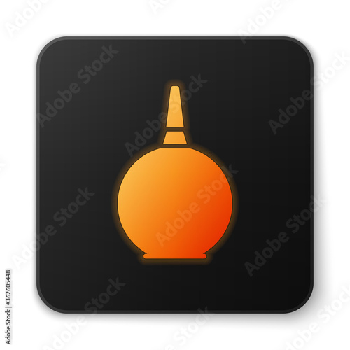 Orange glowing neon Enema icon isolated on white background. Enema with a plastic tip. Medical pear. Black square button. Vector Illustration.