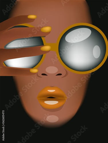 Tanned woman with yellow sunglasses, lips and nails looking covering herself ...