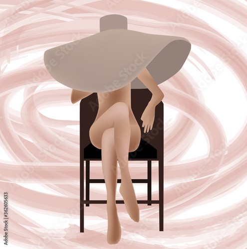 Nude woman sitting on a chair with an enormous hat on her head. Abstract background