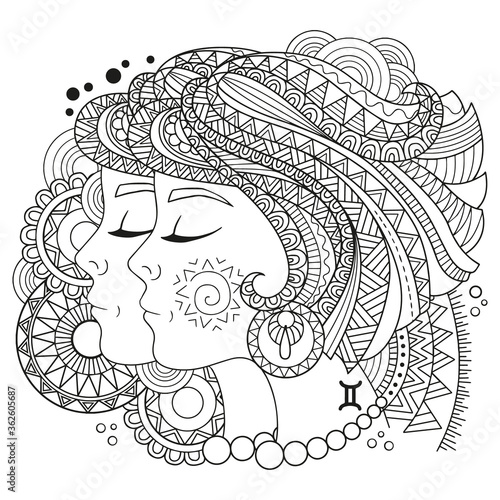 Vector coloring book for adults. Silhouette of gemini isolated on white background. Zodiac sign gemini .