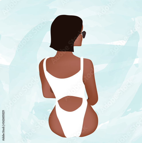 Tanned woman in white swimsuit and sunglasses sitting and looking. View from ...