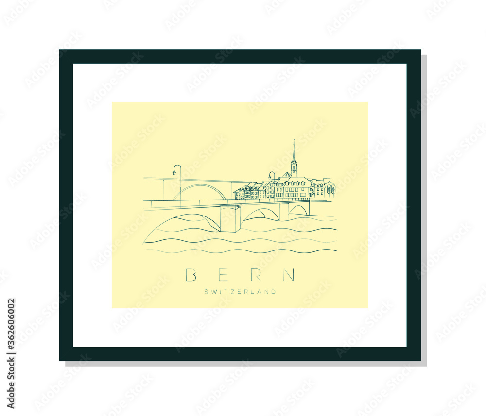 Fototapeta premium Bern poster, Aare river, bridge and the old town, vector illustration and typography design, Switzerland