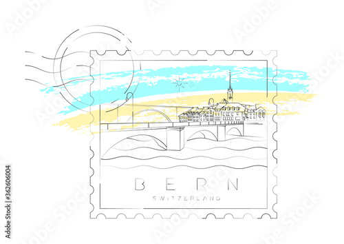 Bern stamp  Aare river  bridge and the old town  vector illustration and typography design  Switzerland