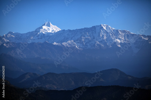 Beautiful landscape of Himalayan snow mountains from Chaukori  Uttarakhand  India
