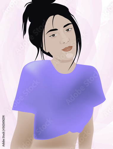 Joyful young adult in purple cropped t-shirt looking forward. Dark hair