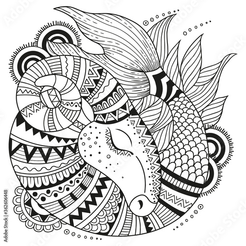 Vector coloring book for adults. Silhouette of capricorn isolated on white background. Zodiac sign capricorn.