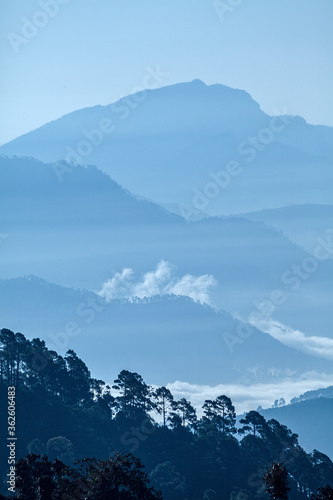 Beautiful landscape of Himalayan snow mountains from Chaukori, Uttarakhand, India photo