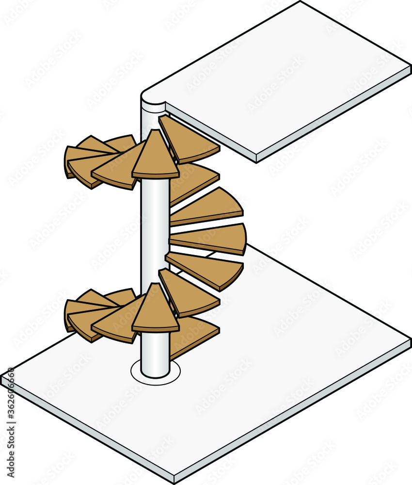 Isometric drawing of a spiral staircase between two floors. Stock