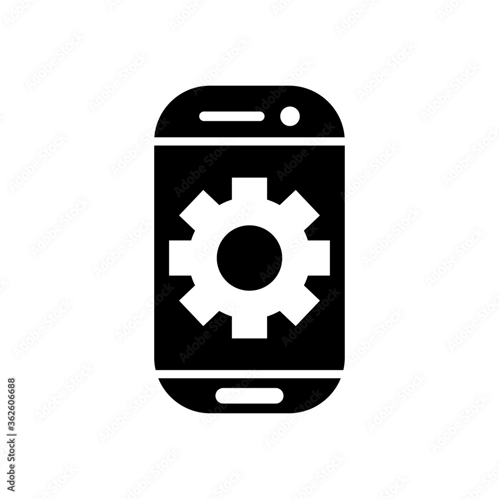 smartphone with gear wheel icon on screen, silhouette style smartphone with gear wheel icon on screen, silhouette style