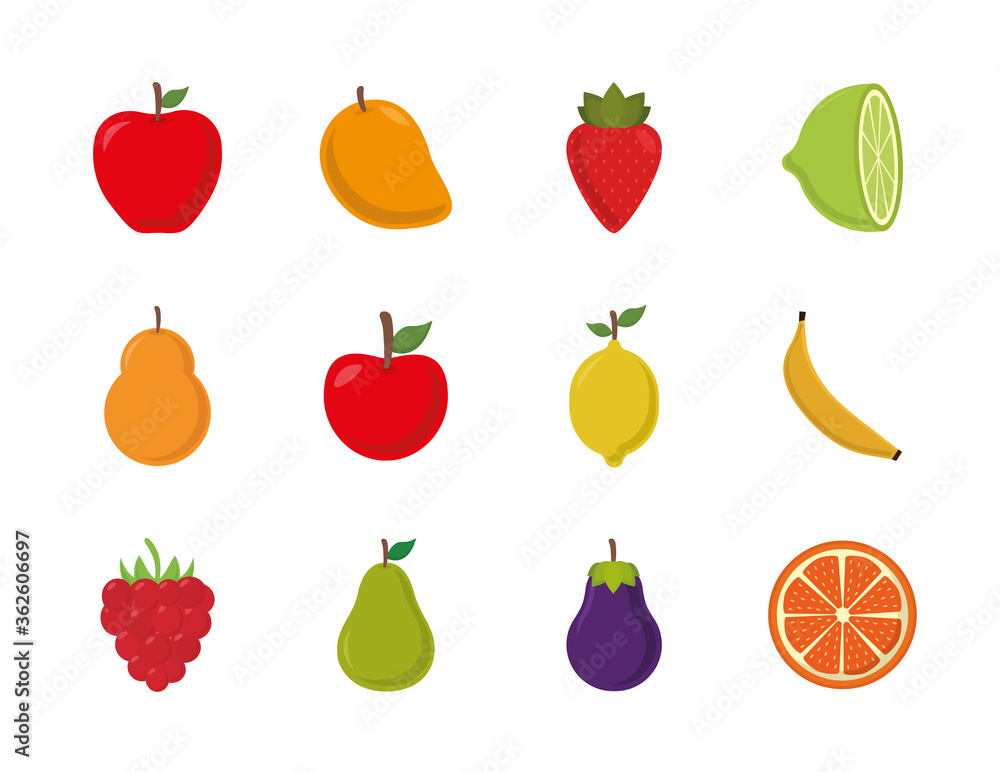 flat style icon set design, Fruits healthy organic food sweet and nature theme Vector illustration flat style icon set design, Fruits healthy organic food sweet and nature theme Vector illustration