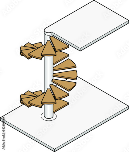 Isometric drawing of a spiral staircase between two floors.