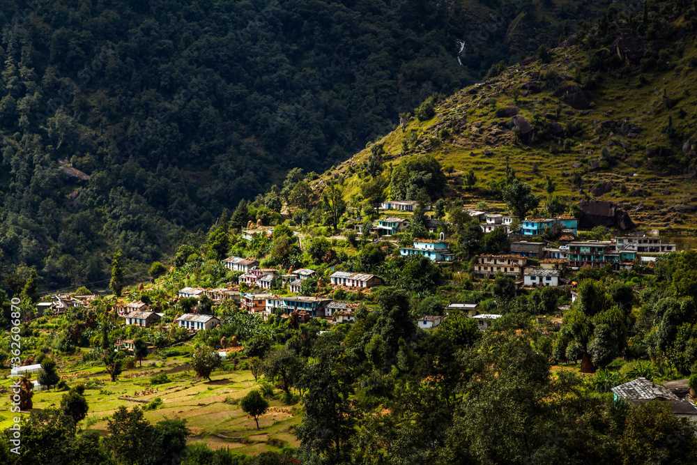 Beautiful view of himalayan village, near birthi falls, Munsiyari, Uttarakhand, India.