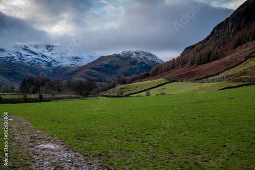 View of the Langdale Valley, English Lake district on a winter evening