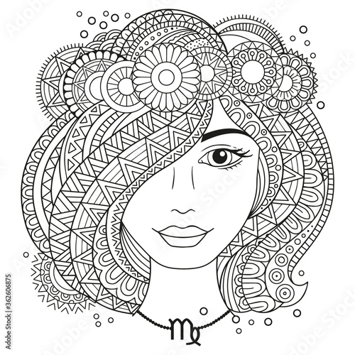 Vector coloring book for adults. Silhouette of woman isolated on white background. Zodiac sign virgo.