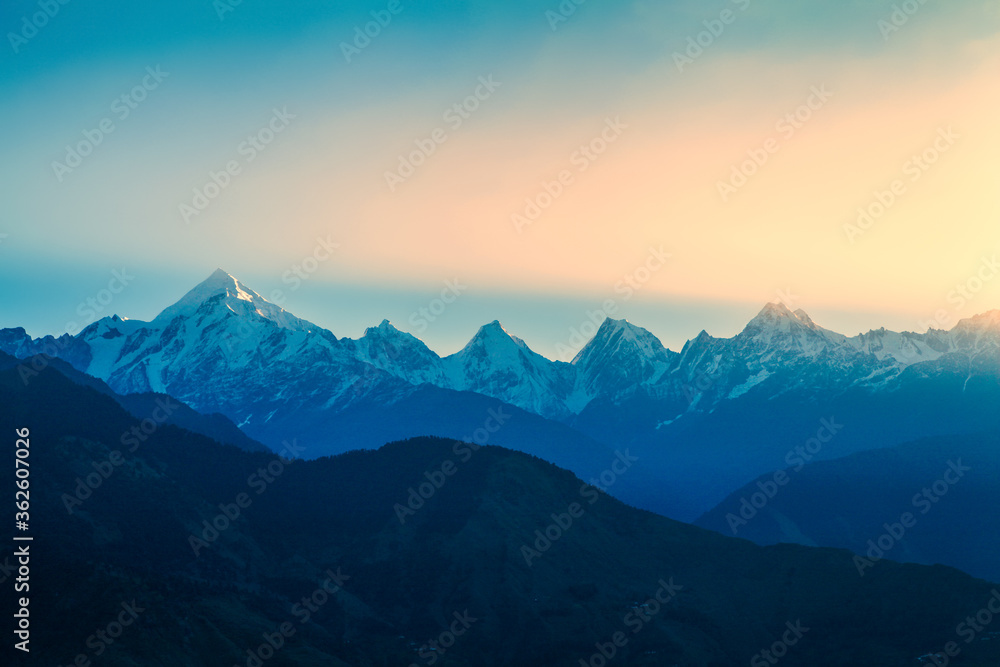 Beautiful Panchchuli peaks of the Great Himalayas as seen from Munsiyari, Uttarakhand, India.