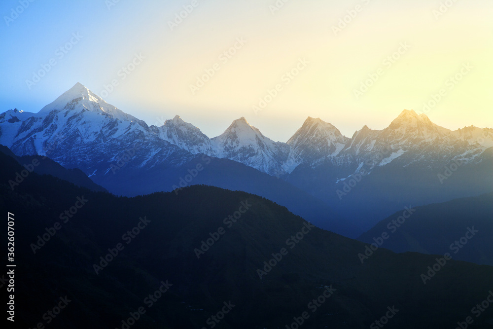 Beautiful Panchchuli peaks of the Great Himalayas as seen from Munsiyari, Uttarakhand, India.