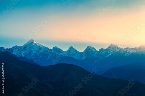 Beautiful Panchchuli peaks of the Great Himalayas as seen from Munsiyari, Uttarakhand, India.