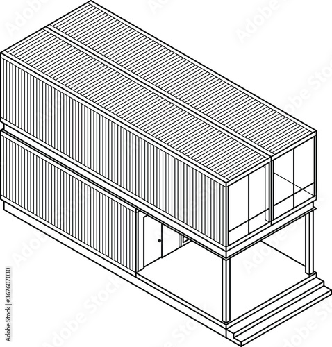 3D Line-art drawing of a house/building made out of shipping containers.