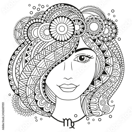 Vector coloring book for adults. Silhouette of woman isolated on white background. Zodiac sign virgo.