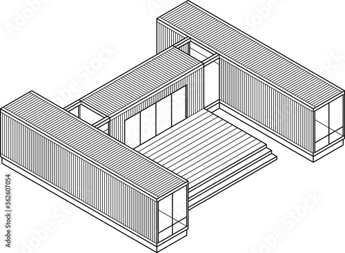 3D Line-art drawing of a house/building made out of shipping containers.