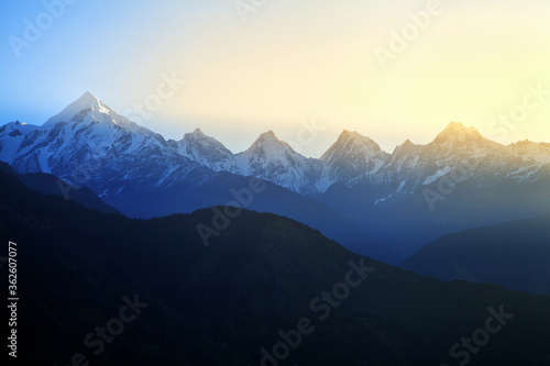 Beautiful Panchchuli peaks of the Great Himalayas as seen from Munsiyari  Uttarakhand  India.