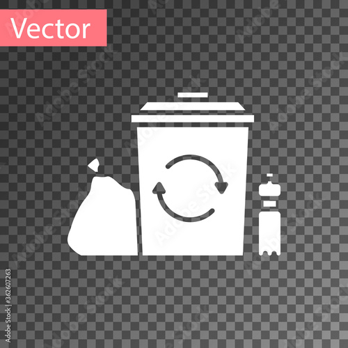 White Recycle bin with recycle symbol icon isolated on transparent background. Trash can icon. Garbage bin sign. Recycle basket. Vector Illustration.
