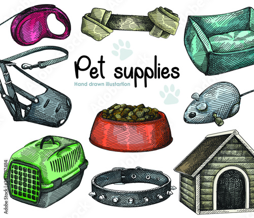 Colorful watercolor set of Pet supplies. Dog collar with thorns, retractable dog leash, Muzzle (mouth guard), Wooden Dog House, pet carrier, pet bed, knotted dog bone; Mouse Robotic Toy; pet food bowl