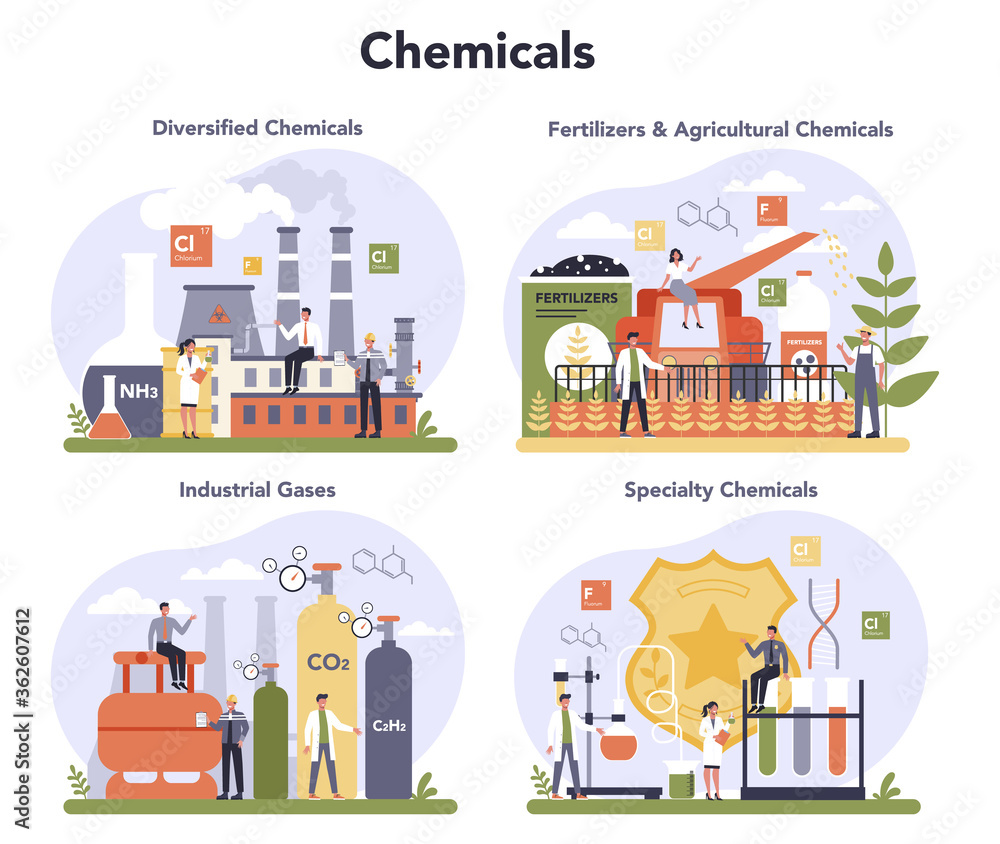 Chemical industry concept set. Industrial chemistry and chemicals