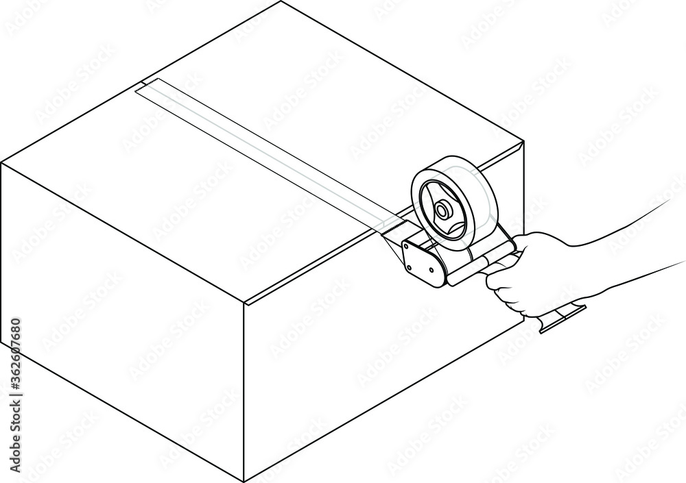Hand using a packing tape role dispenser to apply tape horizontally across a carton. Stock