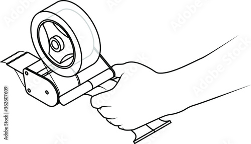 Hand holding a packing tape role dispenser. Line drawing.
