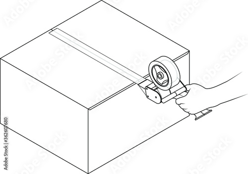 Hand using a packing tape role dispenser to apply tape horizontally across a carton.