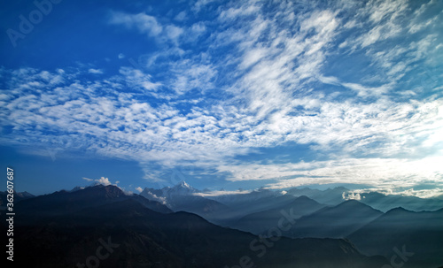 View of beautiful Panchchuli Peaks of the Great Himalayas as seen from Munsiyari, Uttarakhand, India.