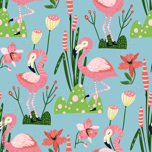 Tropical pink flamingo bird seamless summer pattern. Exotic ornate vector wallpaper with pink wild animals and jungle floral illustrations on a blue background.