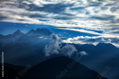 View of beautiful Panchchuli Peaks of the Great Himalayas as seen from Munsiyari  Uttarakhand  India.