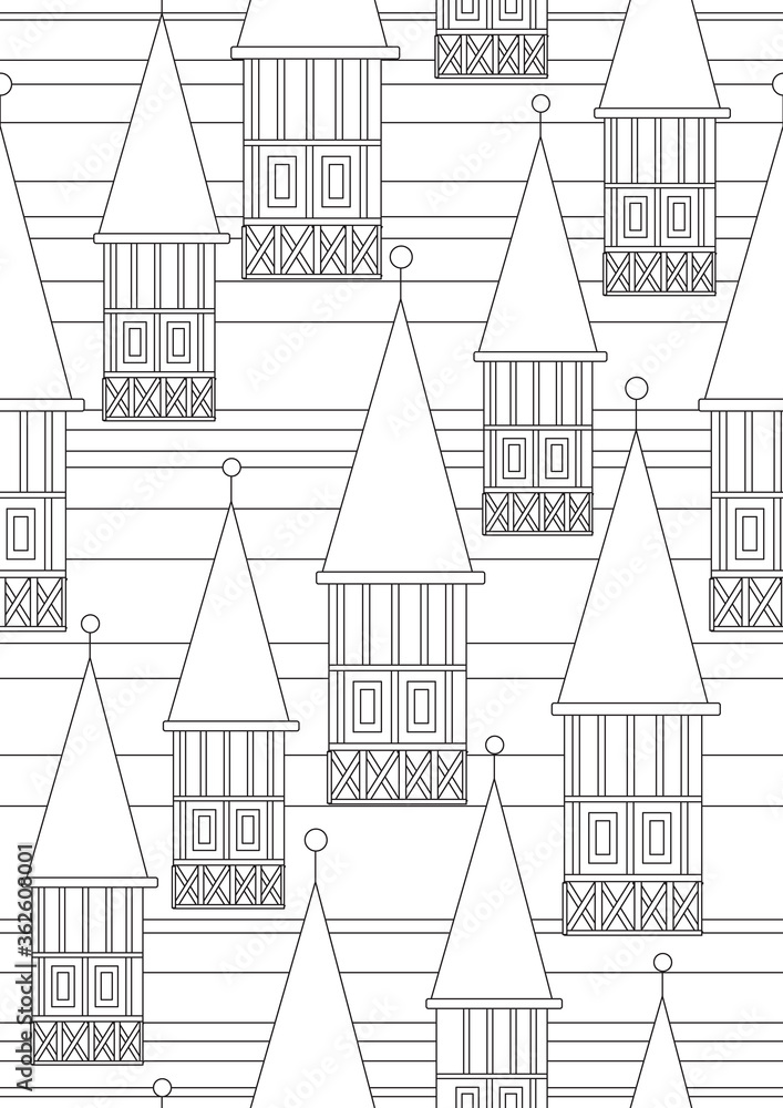 Seamless pattern with german outline towers or linear vector stock illustration with colorless old architecture as anti stress coloring