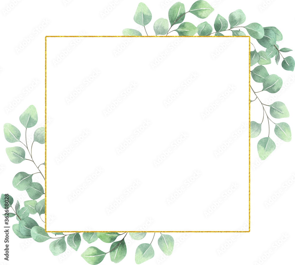 Watercolor eucalyptus gold frame on white background. Beautiful template for invite or greeting card, banner, backdrop.