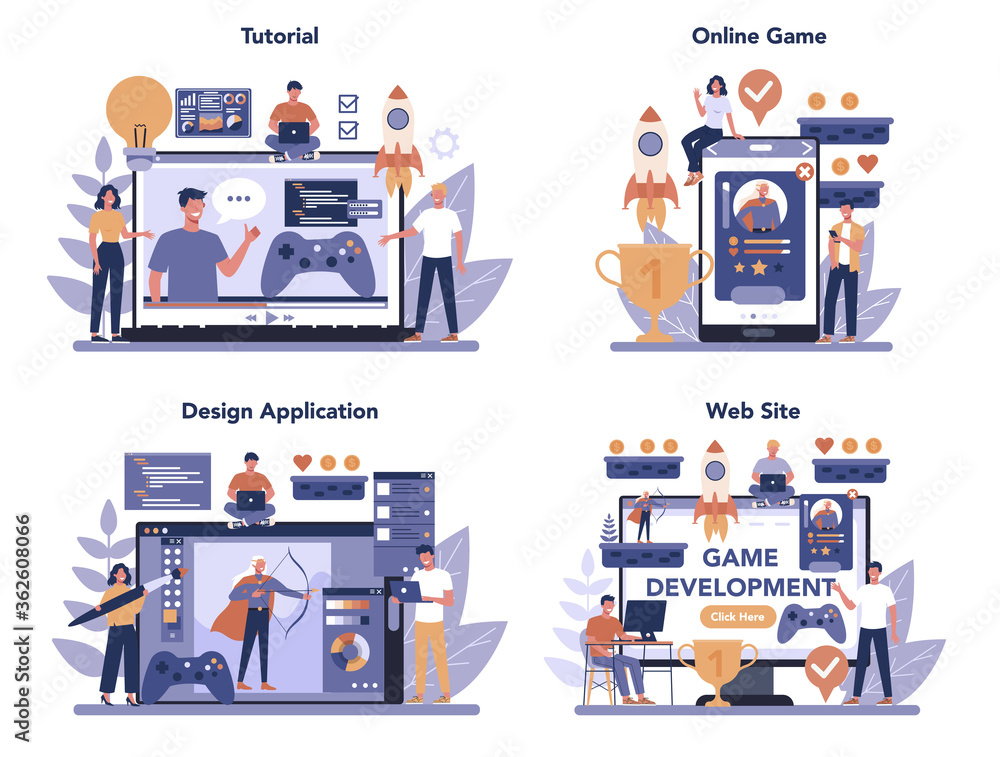 Game development online service or platform set. Creative process Game development online service or platform set. Creative process